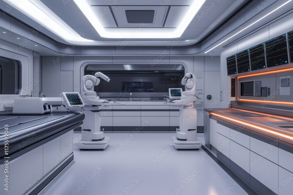 Poster futuristic lab equipped with robotic arms and sleek design, showcasing advanced technology and autom