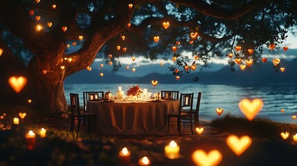 Romantic dinner scene with candles and heart-shaped table settings