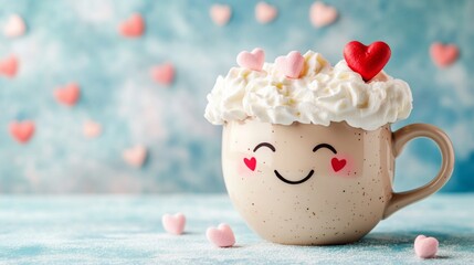 Cute cloud mug of coffee with marshmallows. Banner with place for text. Cosy season sweet drink cup. Friendship or love concept greeting card.