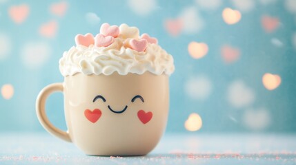 Cute cloud mug of coffee with marshmallows. Banner with place for text. Cosy season sweet drink cup. Friendship or love concept greeting card.