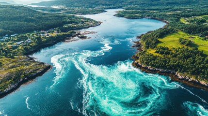 Fototapeta premium Aerial view of a vibrant turquoise whirlpool in a narrow strait between lush green hills and a small village.