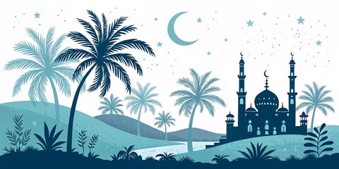 Obraz premium Islamic Desert Oasis with Mosque and Crescent Under Starry Sky V5