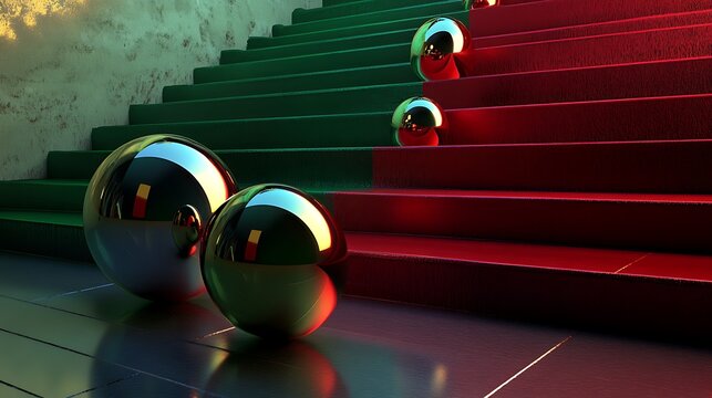 Artistic arrangement of shiny spheres on steps with bold red and green tones