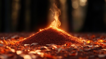 Burning mound of earth in a forest, with smoke rising.
