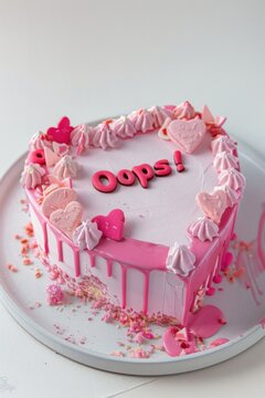 Funny Valentine's Day and birthday cake with lopsided heart shape, messy dripping icing, candy letters spelling "Oops!", white plate minimalist background. Quirky, chaotic design for celebrations.