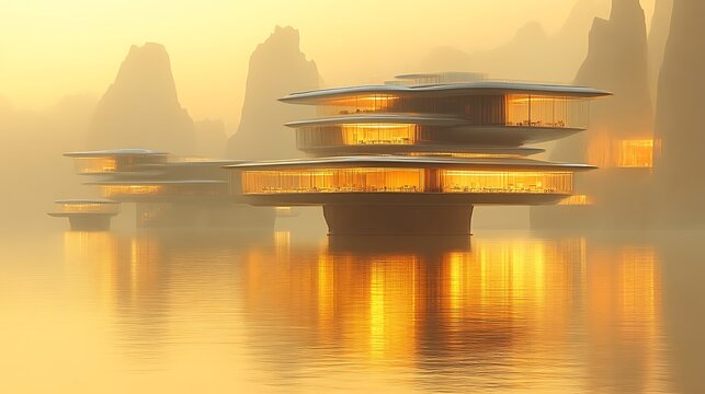 Futuristic Architecture on Calm Water at Sunset