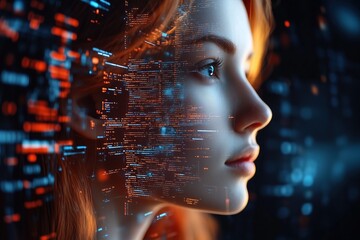 A woman in front of a digital interface with blue and orange lights symbolizing technology, human interaction with AI and virtual systems.