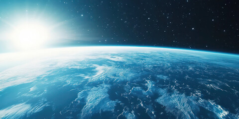 Fototapeta premium Awe-Inspiring View of Earth from Space with Visible Continents, Oceans, and Clouds under Starlit Cosmos, High-Resolution Digital Artwork Capturing Serene Blue and White Palette