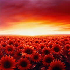 Vibrant Sunflower Field Against Fiery Sunset Sky Background