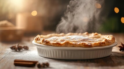 Freshly Baked Apple Pie with Steam on Wooden Table Background