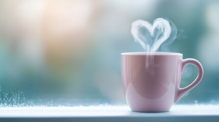 Heart-Shaped Steam Rising from a Pink Cup on a Cozy Windowsill