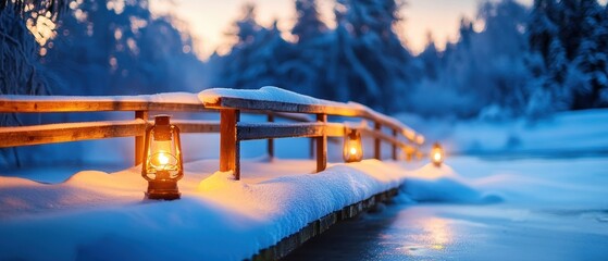 Snowy Bridge with Lanterns at Dawn in Winter Wonderland Scene