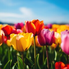 Vibrant Tulip Field Under Bright Blue Sky in Spring Sunshine