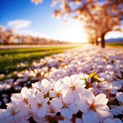 Blooming Cherry Blossom Trees in Springtime Landscape with Sunlight
