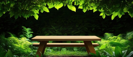 Tranquil Picnic Table Surrounded by Lush Green Foliage in Nature