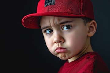 Young boy with baseball cap displaying an angry expression against a solid black background
