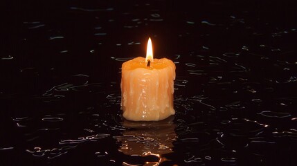 Glowing Candle on Dark Water Surface Reflection with Wax Drip
