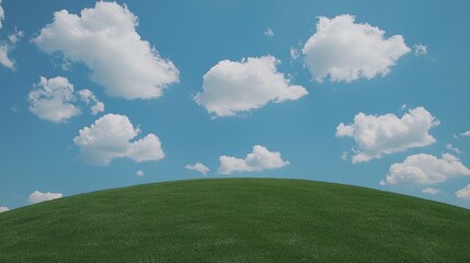Lush Green Hill Under Bright Blue Sky with Fluffy White Clouds