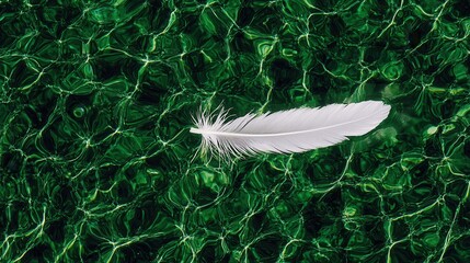 White Feather Floating on Green Water with Light Reflection