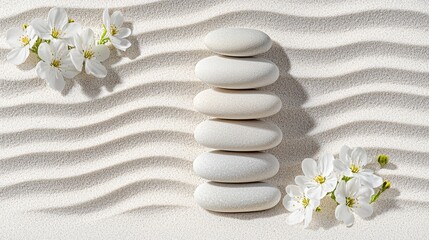 Tranquil Zen Garden with White Stones and Cherry Blossoms Arrangement