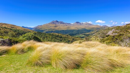 Peaceful Landscape with Green Hills and Blue Sky in Nature Scene