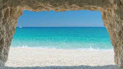 Tranquil Seascape View from Rocky Archway on Sunny Beach Day