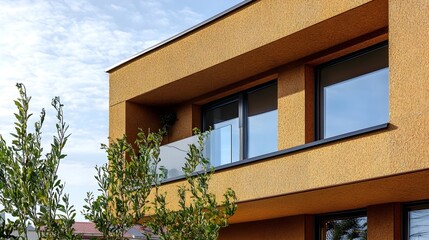 Fototapeta premium Modern Apartment Building Exterior with Balcony and Golden Facade
