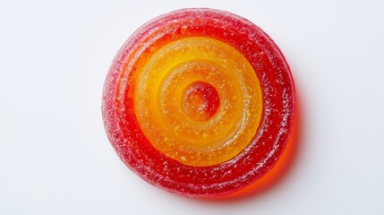 A jelly candy roll lies alone against a white backdrop. Its vibrant hues of red, orange, and yellow are reminiscent of marmalade, a sweet and tangy fruit preserve