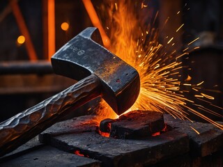 Crafting a metal tool in a blacksmith workshop with sparks flying in the warm glow of the forge
