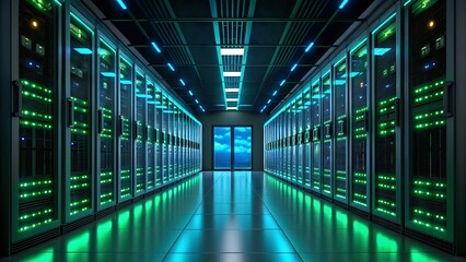 Fototapeta premium Futuristic Server Room with Green and Blue Neon Glow for AI-Driven Cloud Computing and Networking 