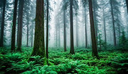 Obraz premium Vast Lush Green Forest Overlooking Rolling Hillsand Misty Clouds in a Serene Mountain Landscape