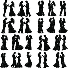 Romantic couple in various poses silhouettes collection set. Couple falling in love different poses isolated on white background silhouette set., Cute couple dancing , Young couples silhouette dancing
