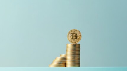 Gold bitcoin cryptocurrency is growing on increasing stacks of coins on a minimal blue background, representing the concept of investment and financial growth
