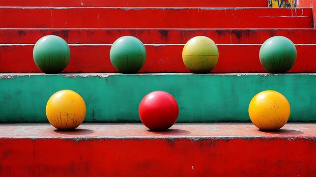 Abstract colorful spheres layered on steps with contrasting red and green hues