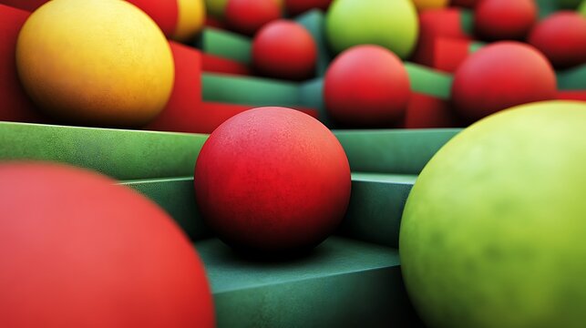 Abstract colorful spheres layered on steps with contrasting red and green hues