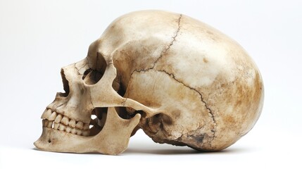 Detailed Side View of Human Skull with Labeled Cranial Bones on White Canvas Background with Light Shadowing