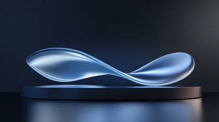 Abstract blue glass form on dark platform.