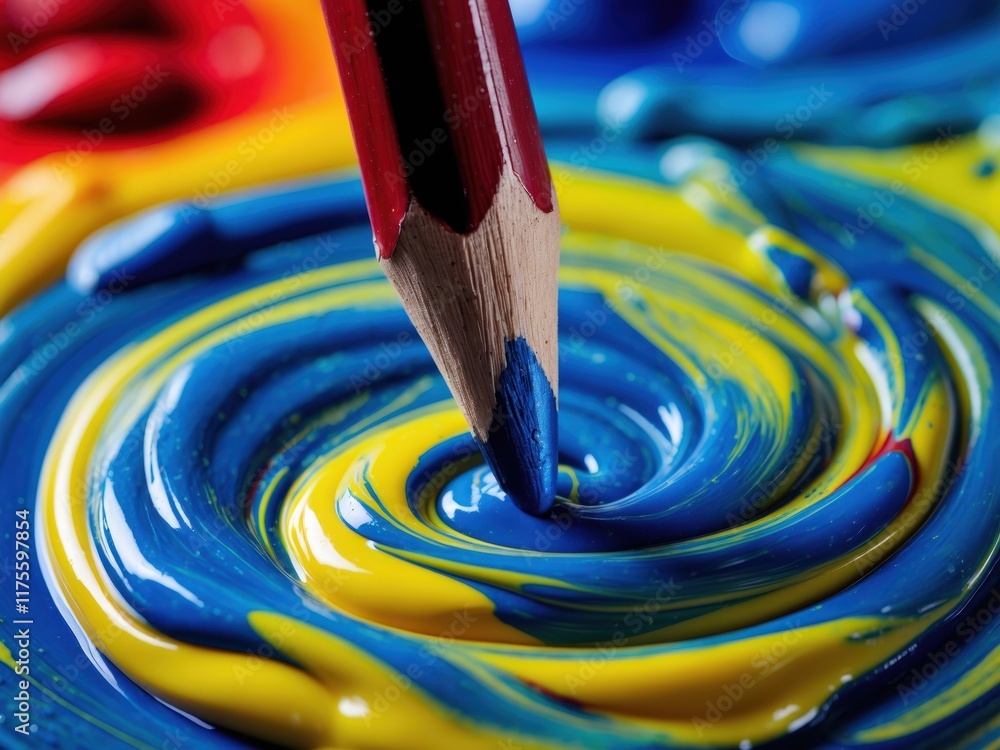 Poster vibrant swirl of blue and yellow paint with a colored pencil creating patterns during an artistic ac