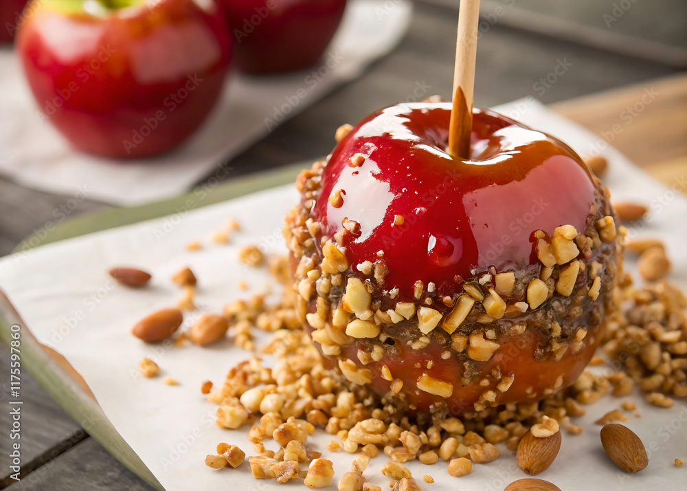 Poster the image shows a caramel apple with nuts on a tray, along with two cinnamon sticks.