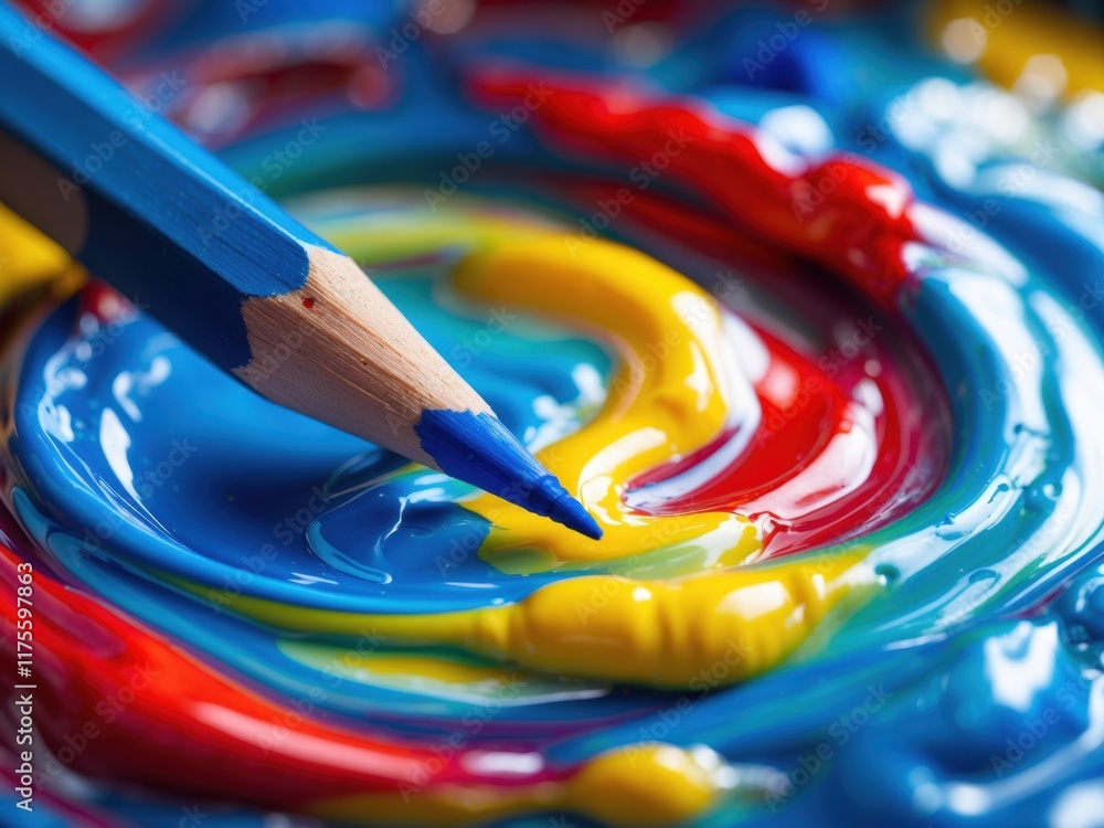 Poster vibrant swirl of paint with a blue pencil creating colorful patterns on a canvas