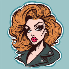 Portrait of a drag queen with flaming blonde hair and denim jacket.