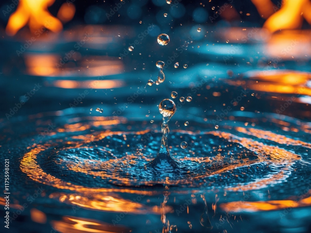 Poster water droplets create ripples in a vibrant blue pool illuminated by fiery hues in a dynamic close-up