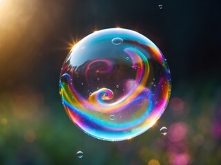 Colorful soap bubble floating in sunlight with vibrant reflections and intricate swirls captured in a natural setting during a beautiful afternoon