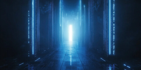 Ethereal Blue-Lit Hallway for Sci-Fi Movie Sets, Virtual Reality Environments, and Architectural Concept Designs, Reflective Walls and Futuristic Portal Ideal for Immersive Experiences and Exhibits