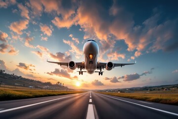 Close fish eye view oh a big jet plane taking off abose landing track, epic shot