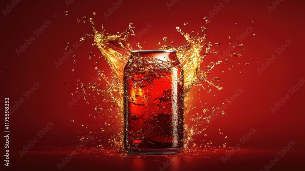 Poster a modern beverage can with dynamic cola liquid splashes, creating an energetic effect on a gradient 