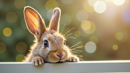 Cute brown rabbit peeking over fence in golden hour sunlight