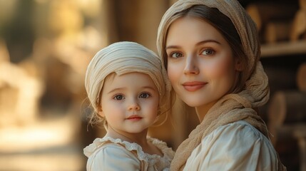 Obraz premium Mother and daughter portrait, rustic setting, autumnal background, family love