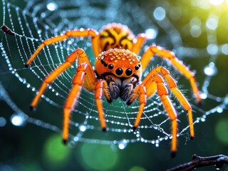 Colorful spider with droplets on its web in a vibrant forest setting during early morning light