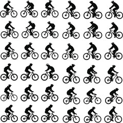 set of silhouettes of people riding bicycle. cyclist side view. high detail. isolated on a background, A set of bicycle cyclists riding their bikes in silhouette